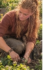 Astrid tending herbs
